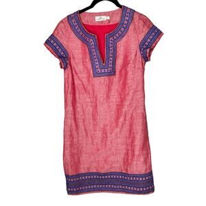 Vineyard Vines Womens Embroidered‎ Tunic Dress 2 Linen Blend Lined Shift Red